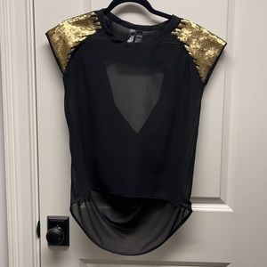 Stunning chiffon black shirt with open back with gold sequin accents shoulders!
